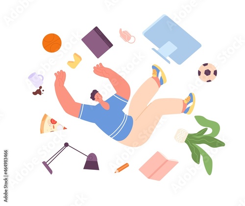 Man falling down. Office guy accident, person doing error in work. Life crisis, failure or problems. Male flying with laptop, business fall utter vector concept