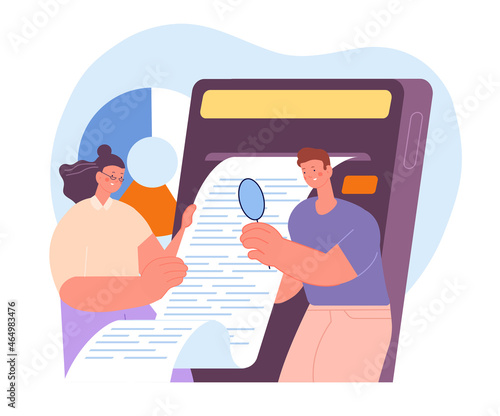 People look at bill. Checking accountant, business check service. Financial calculating, couple take invoice. Banking document utter vector scene