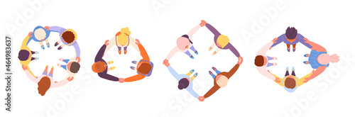 Friendship hugs. Hugging circle, man support in geometric shapes. Isolated community metaphor, people stand together and hug. Top view utter vector characters