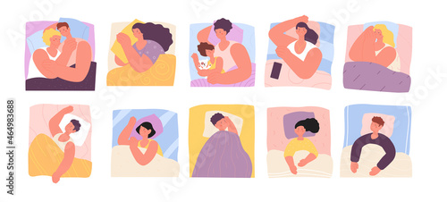 Sleeping characters. Sleep mother, in bed with book. Bedtime concept, people lying on soft pillow. Relaxation, children and parents dream at night utter vector set