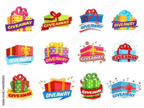 Giveaway banners. Box winner sticker, event gift with ribbon bow. Winners announcement, cartoon ad signs. Game prize giving, recent vector collection