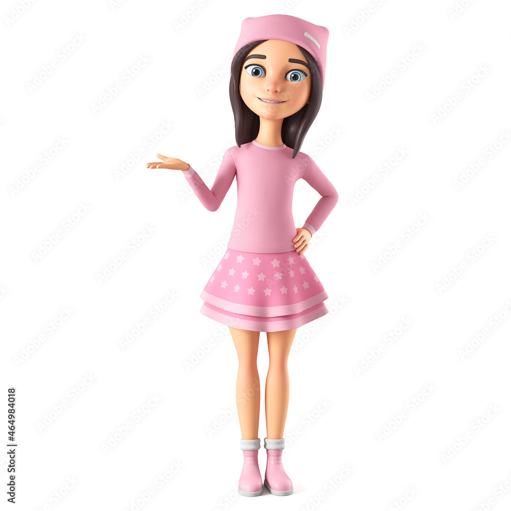 Cartoon character girl in pink clothes holds a novelty on an empty palm. 3d render illustration. Cartoon character girl in pink clothes holds a novelty on an empty palm. 3d render illustration.