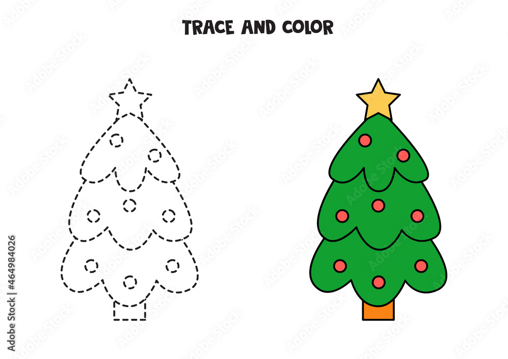 Trace and color Christmas tree. Worksheet for kids. Stock Vector