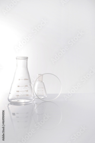 Background for branding and product presentation. Empty сhemical, biological science laboratory glassware collection .