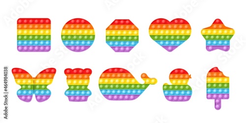 Pop it game set. Inspire fidget toys, simple rainbow bubbles. Antistress elements, popping gadget for fingers. Anti anxiety push recent vector set