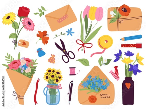 Flower bouquets gifts. Bouquet present, letter romantic and envelope. Botanical trendy design, blooming plant wrap in paper cone. Floral store decent vector element