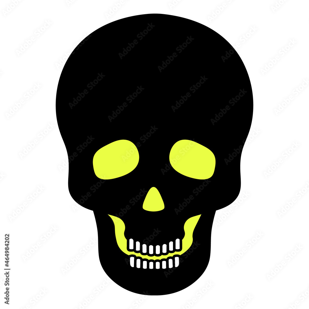Human skull. Silhouette with glowing eyes. Vector illustration. Jaw with straight teeth. Hollows instead of eyes and nose. An integral part of the skeleton. Bone frame of the head. 