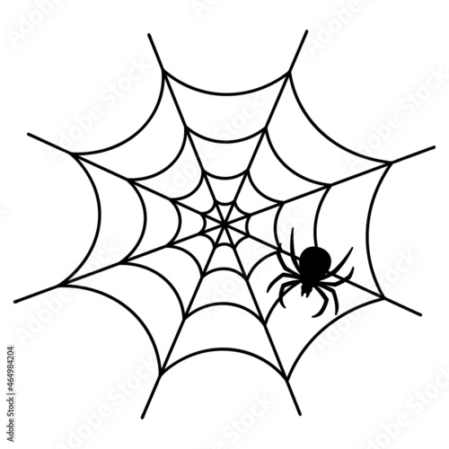 The spider is hiding on the web. Black Widow. Insect silhouette. Waiting for the victim. Vector illustration. Isolated white background. Sticky trap. Ambush of a clever hunter. Bloodthirsty predator. 