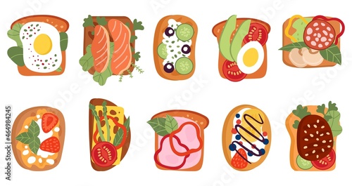 Healthy toasts. Bread toast lunch, snack meal with berry, avocado, sausage and tomatoes. Tasty breakfast sandwiches top view, decent vector kit