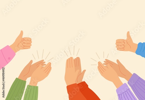 Hands clap. People clapping, celebration succesful deal. Cheers team, support or congratulate. Appreciation crowd, crowd applaud decent vector banner