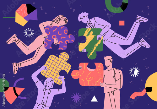 People group connecting big puzzle elements. Team building and teamwork concept. Business partnership and cooperation. Hand drawn vector illustration isolated on blue background. Flat cartoon style.