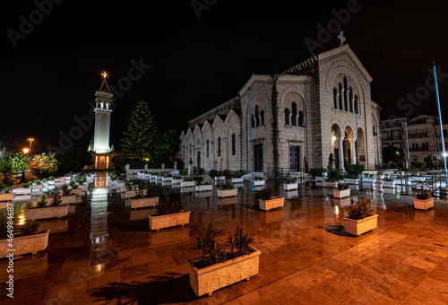 Church of Agios Dionysios at a rainy night