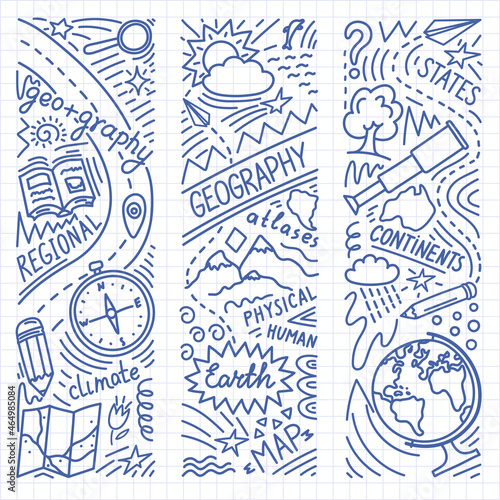 Geography educational pen doodles on grid background. School subject or science concept.