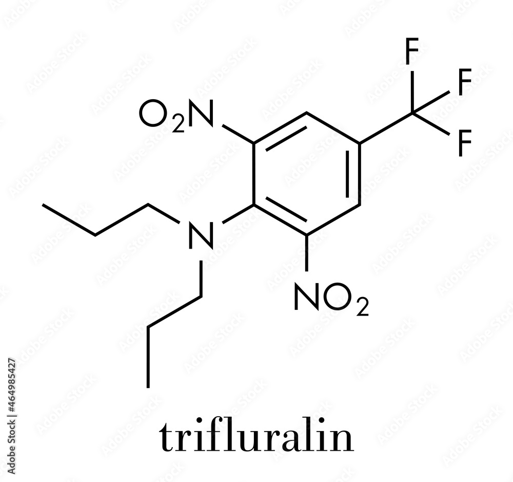 Trifluralin herbicide molecule. Skeletal formula. Trifluralin herbicide molecule. Skeletal formula.
