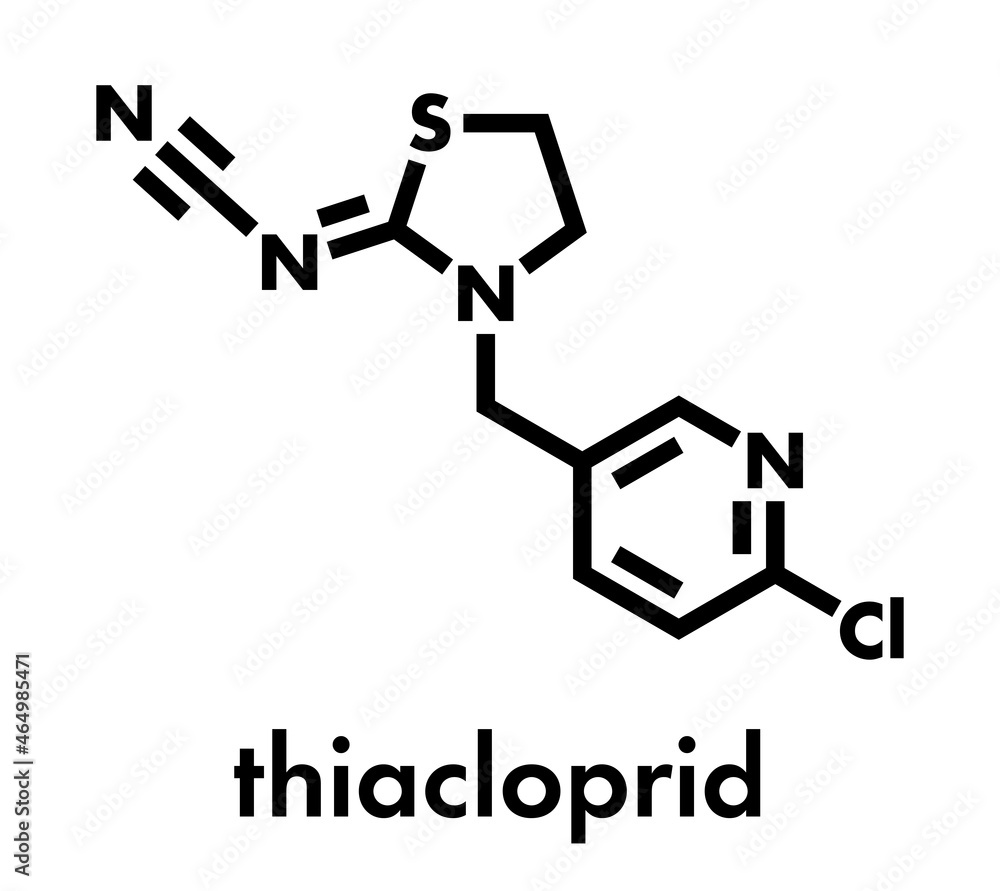 Thiacloprid insecticide molecule (neonicotinoid class). Skeletal formula. Thiacloprid insecticide molecule (neonicotinoid class). Skeletal formula.