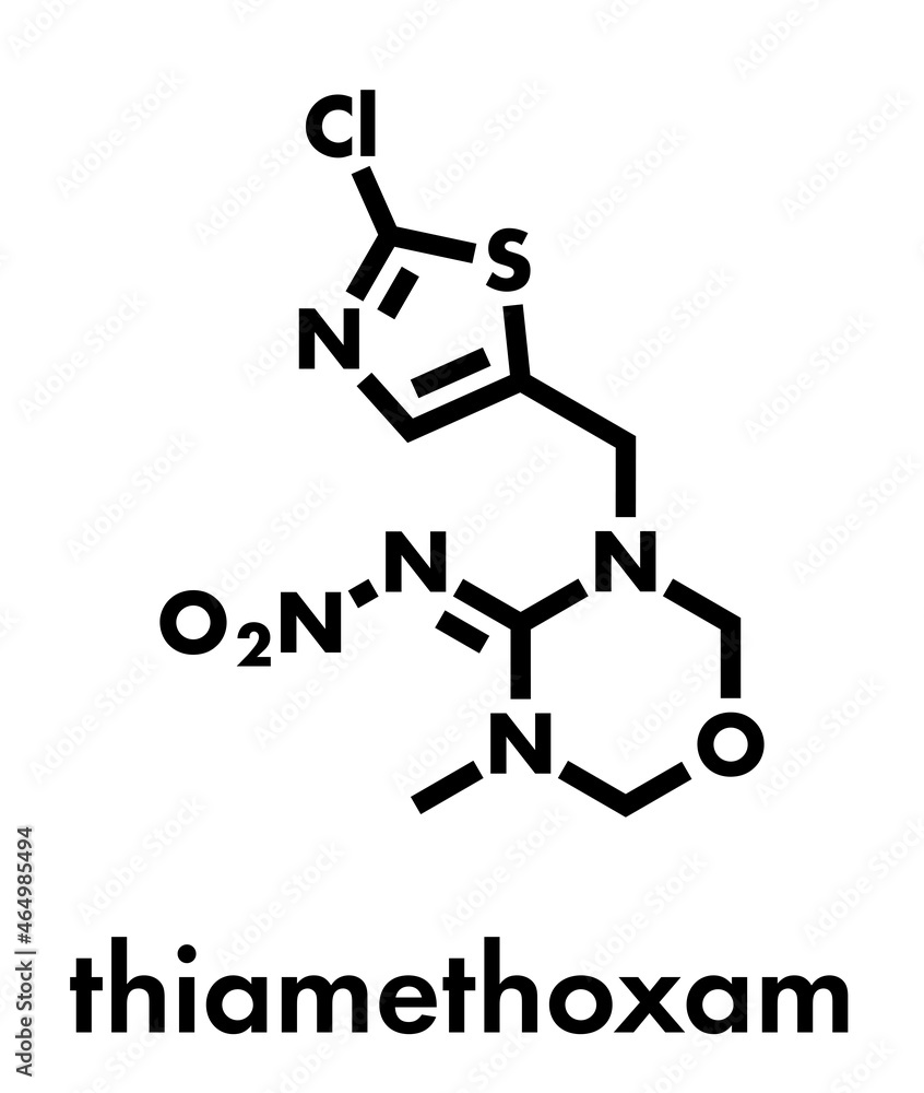 Thiamethoxam insecticide molecule (neonicotinoid class). Skeletal formula. Thiamethoxam insecticide molecule (neonicotinoid class). Skeletal formula.