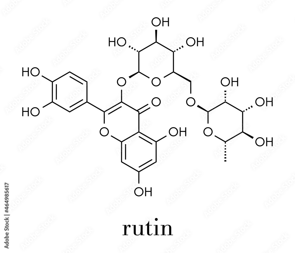 Rutin (rutoside, sophorin) molecule. Herbal glycoside composed of quercetin and rutinose. Skeletal formula. Rutin (rutoside, sophorin) molecule. Herbal glycoside composed of quercetin and rutinose. Skeletal formula.