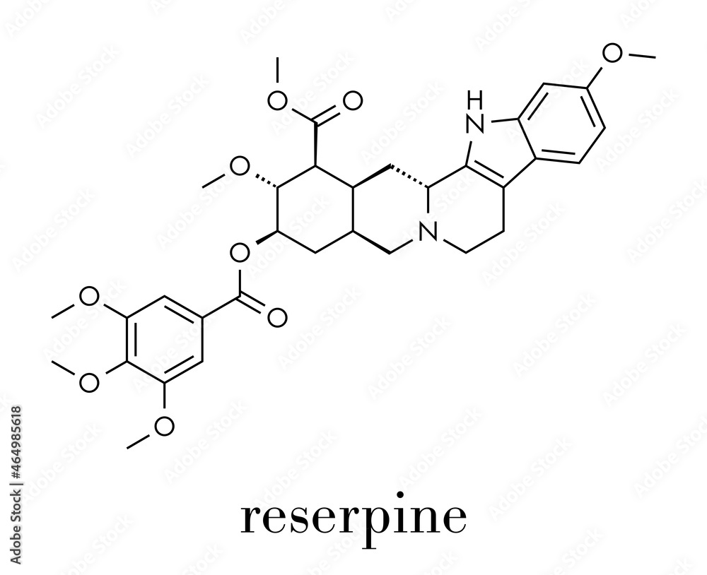 Reserpine alkaloid molecule. Isolated from Rauwolfia serpentina (Indian snakeroot). Skeletal formula. Reserpine alkaloid molecule. Isolated from Rauwolfia serpentina (Indian snakeroot). Skeletal formula.