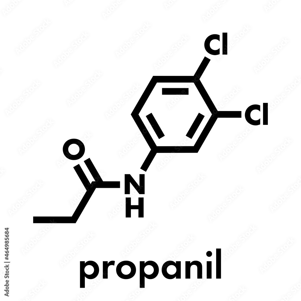 Propanil herbicide molecule. Skeletal formula. Propanil herbicide molecule. Skeletal formula.