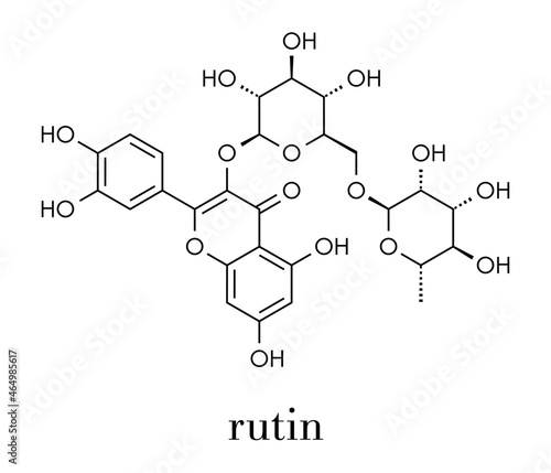 Rutin (rutoside, sophorin) molecule. Herbal glycoside composed of quercetin and rutinose. Skeletal formula.
