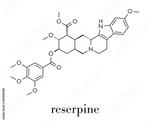 Reserpine alkaloid molecule. Isolated from Rauwolfia serpentina (Indian snakeroot). Skeletal formula.