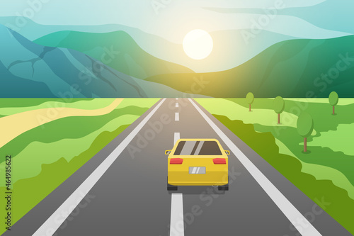 Car run on rural asphalt road under beautiful sunlight. vector illustration