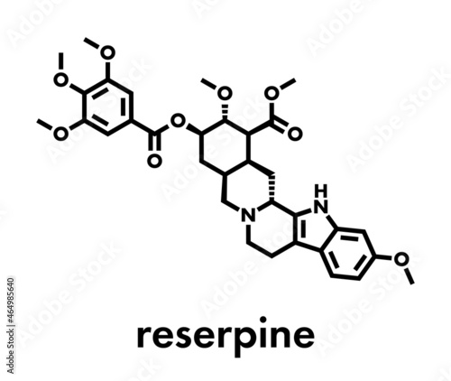 Reserpine alkaloid molecule. Isolated from Rauwolfia serpentina (Indian snakeroot). Skeletal formula.