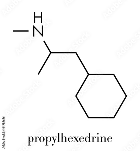 Propylhexedrine molecule. Used as nasal decongestant and stimulant. Skeletal formula.