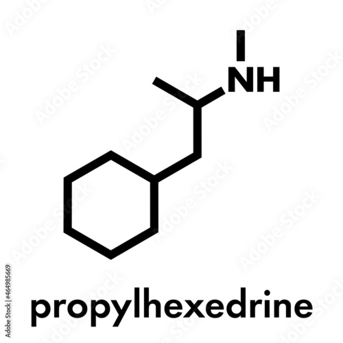 Propylhexedrine molecule. Used as nasal decongestant and stimulant. Skeletal formula.