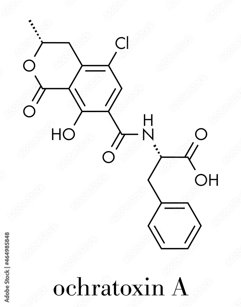 Ochratoxin A mycotoxin molecule. Skeletal formula. Ochratoxin A mycotoxin molecule. Skeletal formula.