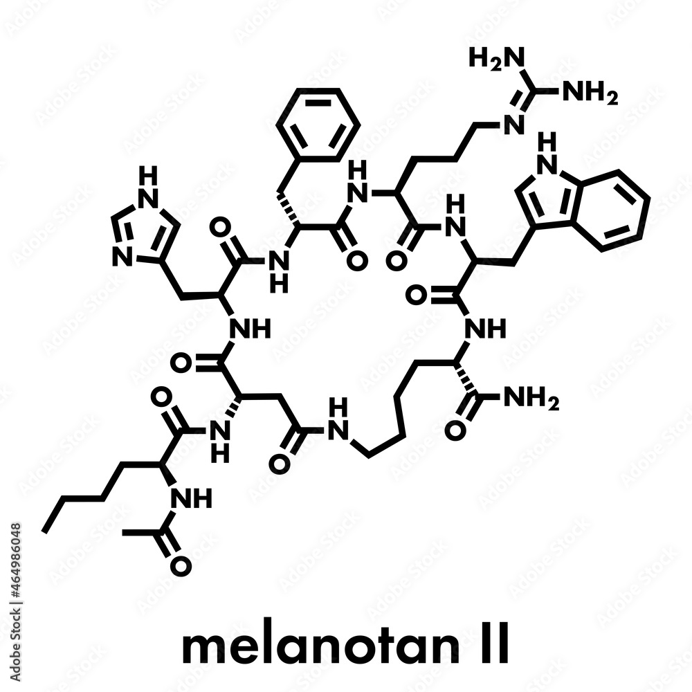 Melanotan II synthetic tanning drug molecule. Not approved as drug. Skeletal formula. Melanotan II synthetic tanning drug molecule. Not approved as drug. Skeletal formula.