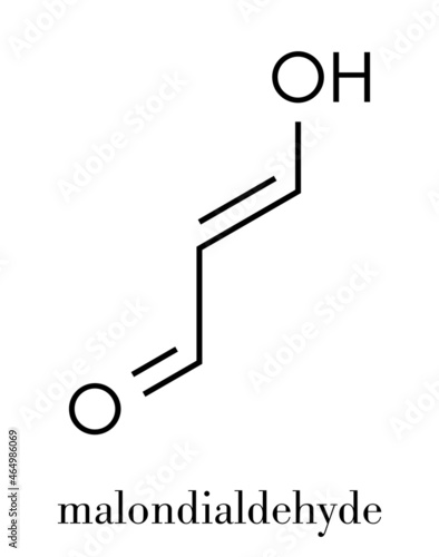 Malondialdehyde (MDA, enol form) molecule. Marker of oxidative stress and naturally produced during the lipid peroxidation of polyunsaturated fatty acids. Skeletal formula.