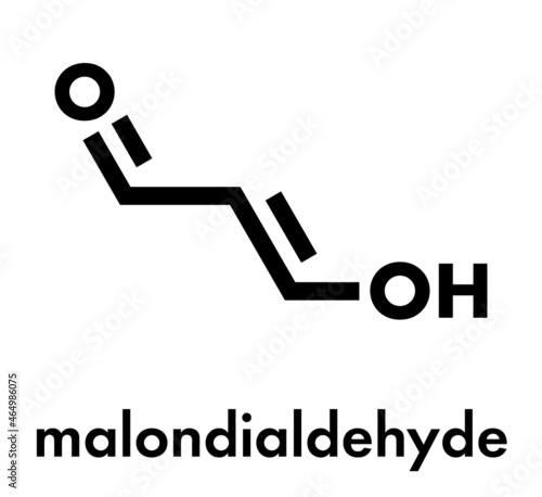 Malondialdehyde (MDA, enol form) molecule. Marker of oxidative stress and naturally produced during the lipid peroxidation of polyunsaturated fatty acids. Skeletal formula.