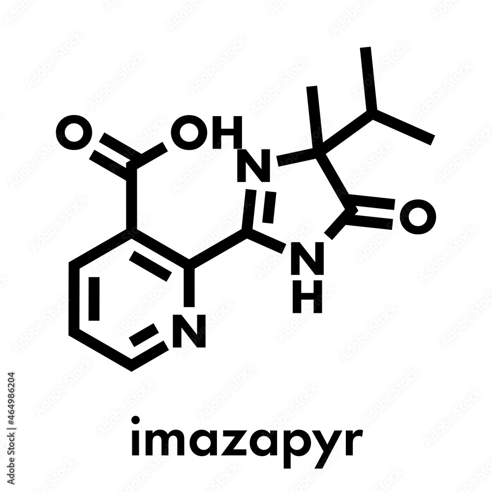 Imazapyr herbicide molecule. Skeletal formula. Imazapyr herbicide molecule. Skeletal formula.