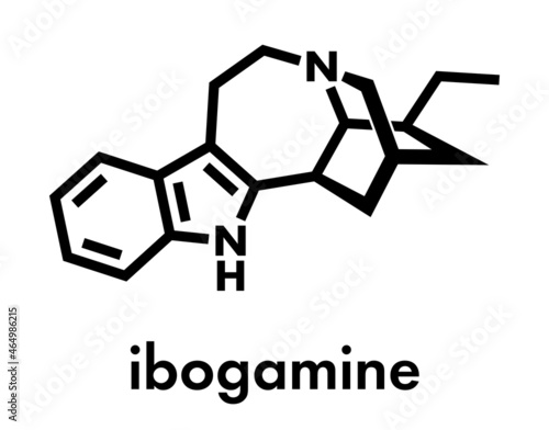 Ibogamine alkaloid molecule  found in Tabernanthe iboga. Skeletal formula.