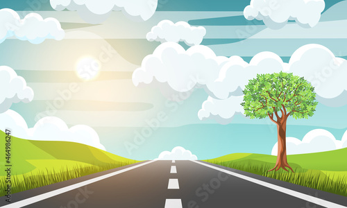 asphalt road in countryside with tree in meadow at sunset. vector illustration