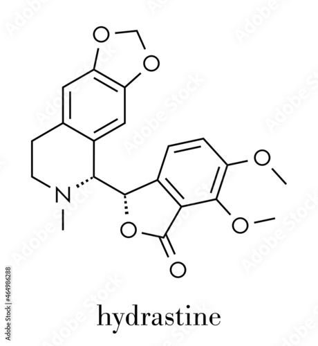 Hydrastine herbal alkaloid molecule, found in Hydrastis canadensis (goldenseal). Skeletal formula. photo
