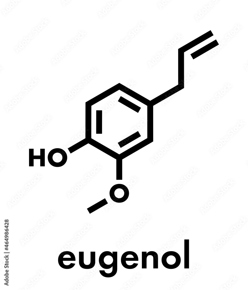 Eugenol herbal essential oil molecule. Present in cloves, nutmeg, etc. Skeletal formula. Eugenol herbal essential oil molecule. Present in cloves, nutmeg, etc. Skeletal formula.