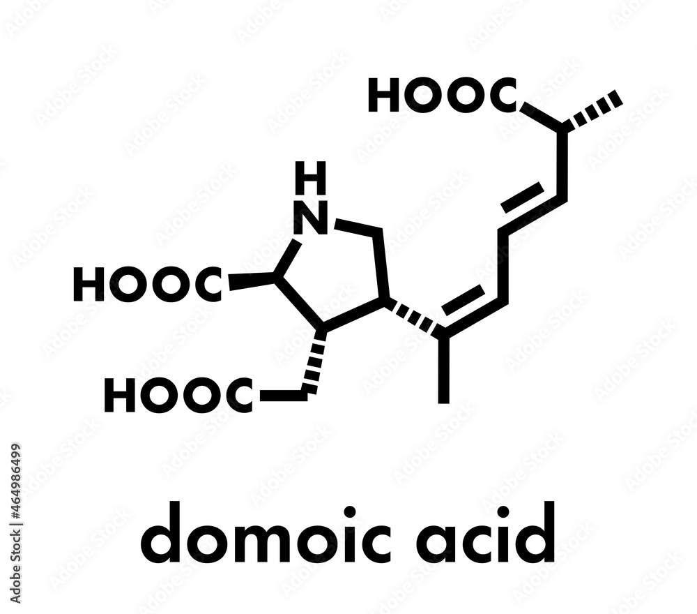 Domoic acid algae poison molecule. Responsible for amnesic shellfish poisoning (ASP). Skeletal formula. Domoic acid algae poison molecule. Responsible for amnesic shellfish poisoning (ASP). Skeletal formula.