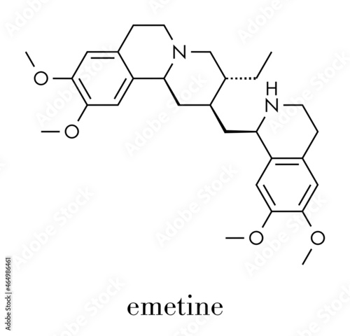 Emetine molecule. Has emetic (induces vomiting) and anti-protozoal properties. Skeletal formula.