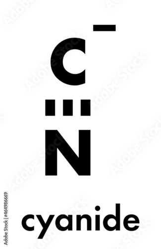Cyanide anion, chemical structure. Cyanides are toxic, due to inhibition of the enzyme cytochrome c oxidase. Skeletal formula.