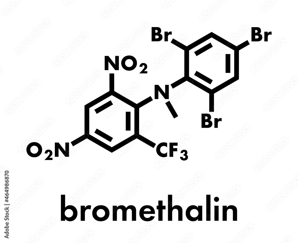 Bromethalin rodenticide molecule (rat poison). Skeletal formula. Bromethalin rodenticide molecule (rat poison). Skeletal formula.