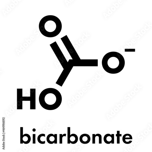 Bicarbonate anion, chemical structure. Common salts include sodium bicarbonate (baking soda) and ammonium bicarbonate. Skeletal formula.