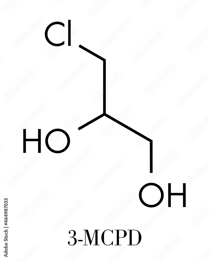 3-MCPD carcinogenic food by-product molecule. Produced when hydrochloric acid is added to food to speed up protein hydrolysis. Skeletal formula. 3-MCPD carcinogenic food by-product molecule. Produced when hydrochloric acid is added to food to speed up protein hydrolysis. Skeletal formula.