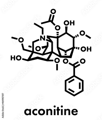 Aconitine molecule. Toxin present in Aconitum plants (monkshood). Skeletal formula.