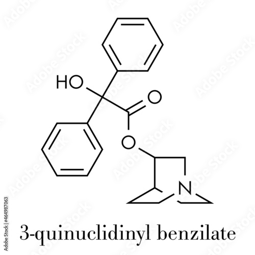3-Quinuclidinyl benzilate (QNB, BZ) incapacitating agent molecule. Skeletal formula.