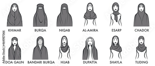Arabic clothes for women, types of hijab vector photo
