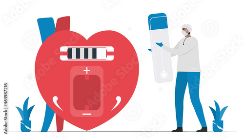Cardiology vector illustration. This disease problem is bradycardia arrhythmia. Because heart has low battery or energy. This failure makes periodic signal too slow.