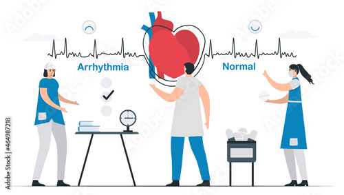 The arrhythmia signal is diagnosed and treated to become a normal signal. Cardiology vector illustration. Flat deign isolated on white background.