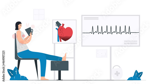 Woman takes coffee too much. It can be occurred heart disease problem that called tachycardia arrhythmia. Periodic signal is fast impulse response because. Cardiology vector illustration.